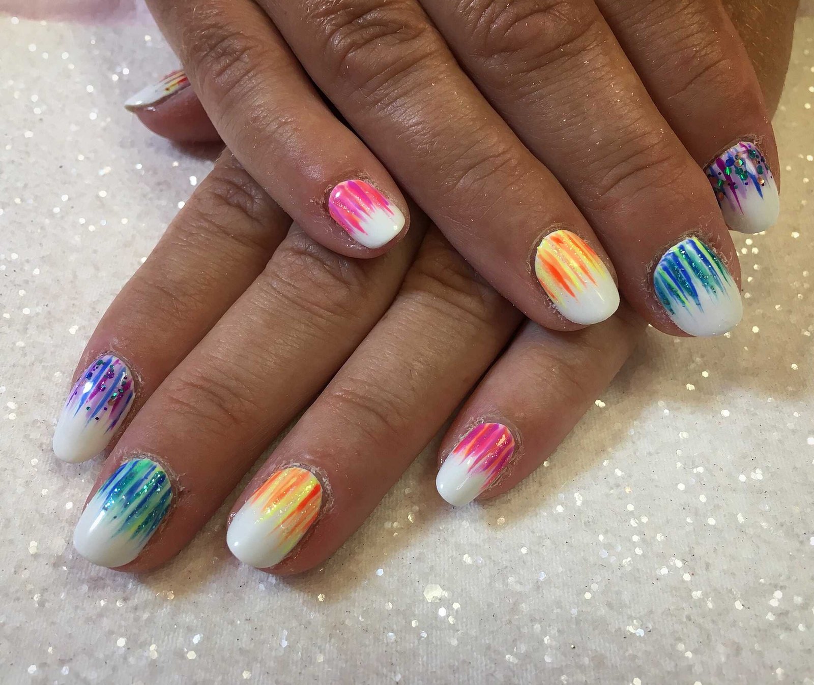 short nails with colorful waterfall