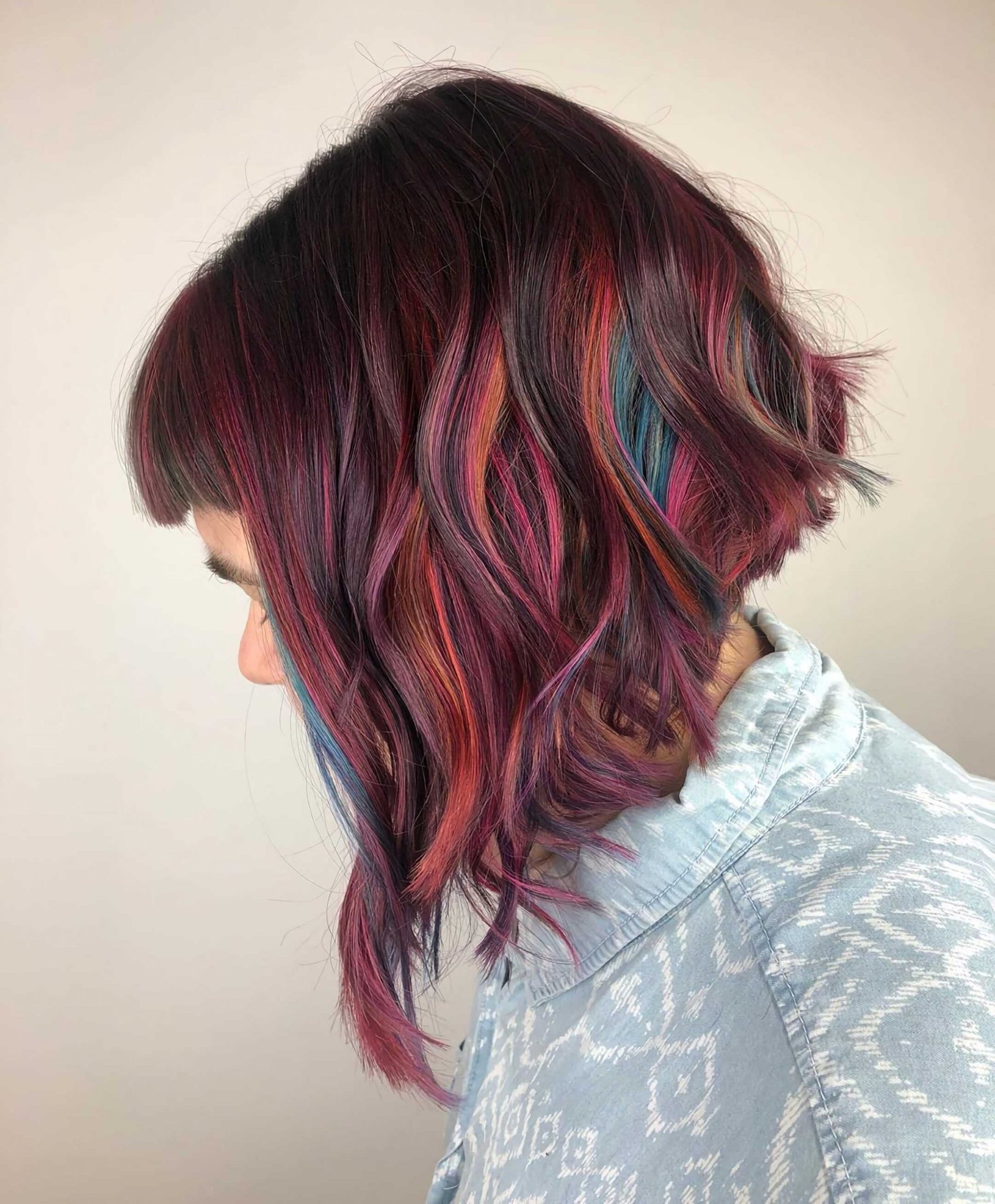 layered bob haircut for multicolored hair