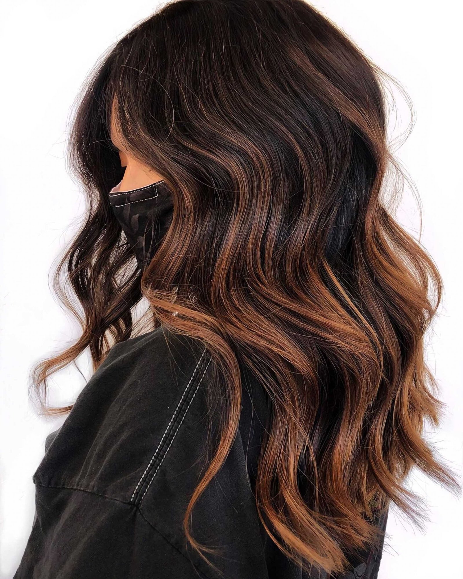 dark chocolate balayage for long, wavy hair