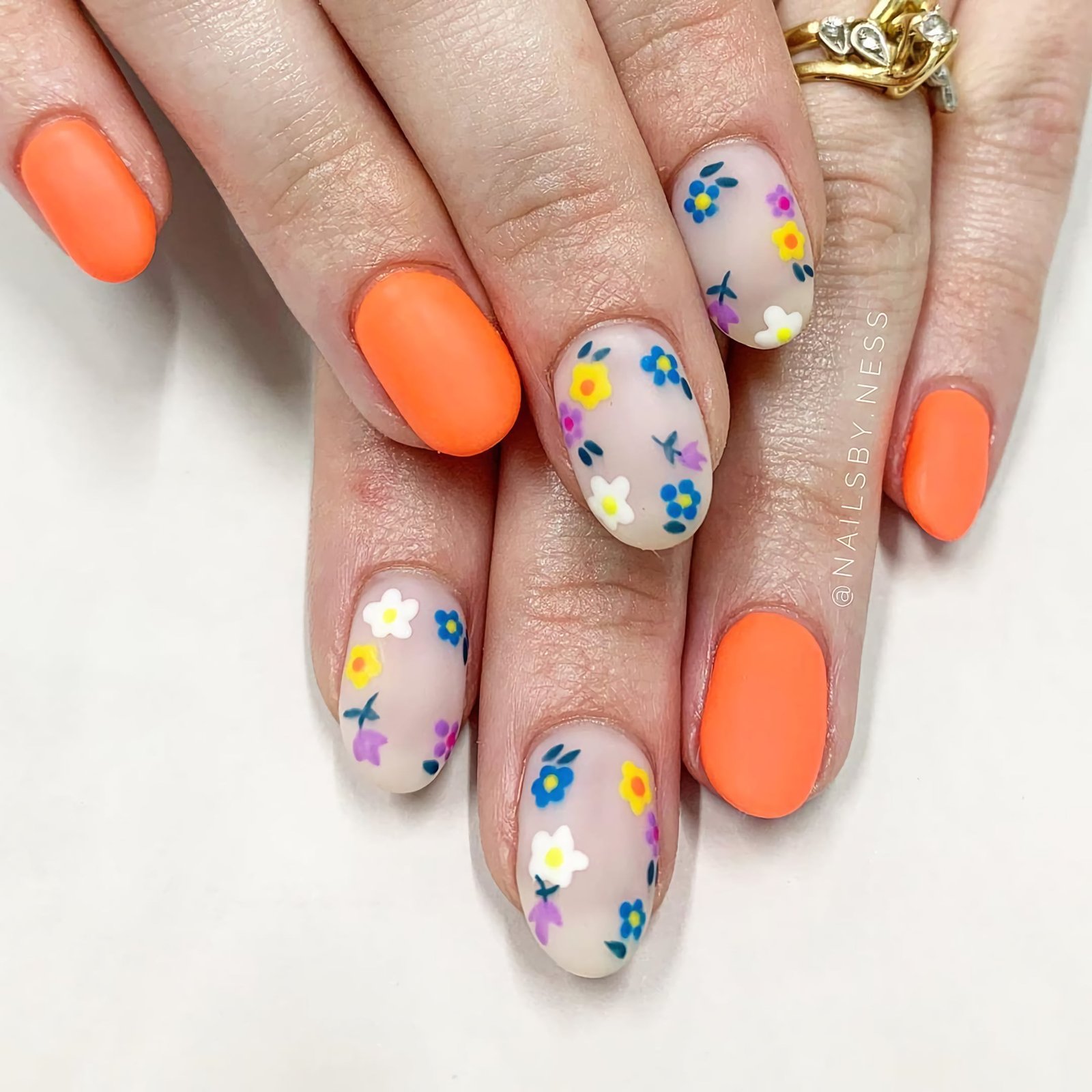Оранжевые ногти с цветами